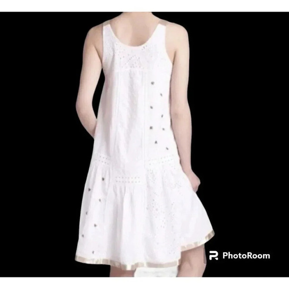 Anthropologie Leifnotes White Eyelet Gold Trim Beaded Sleeveless Dress Size 4 - Picture 2 of 16